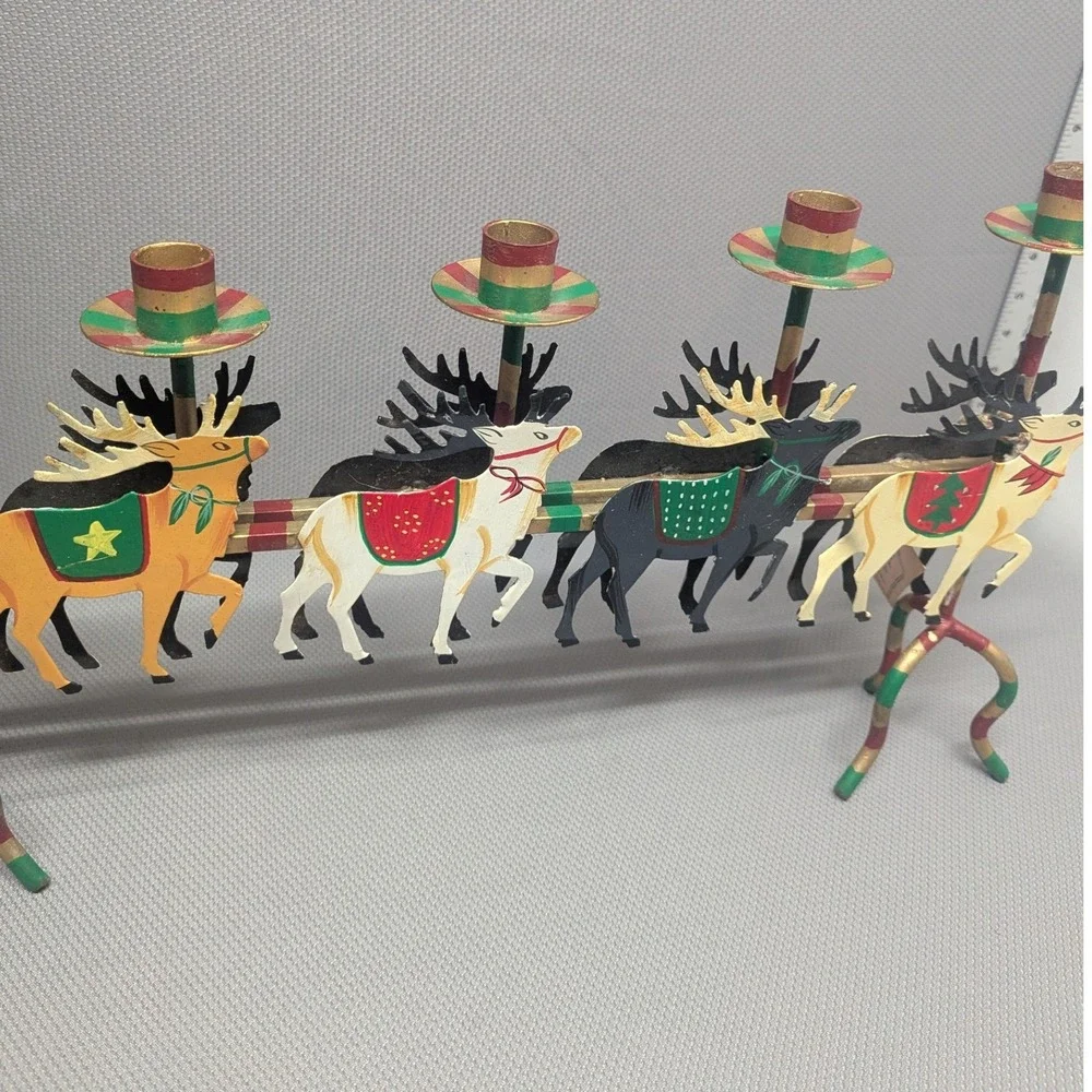 VTG Santa Sleigh Reindeer Metal Candle Stand Christmas Decor Husna Imports 5084